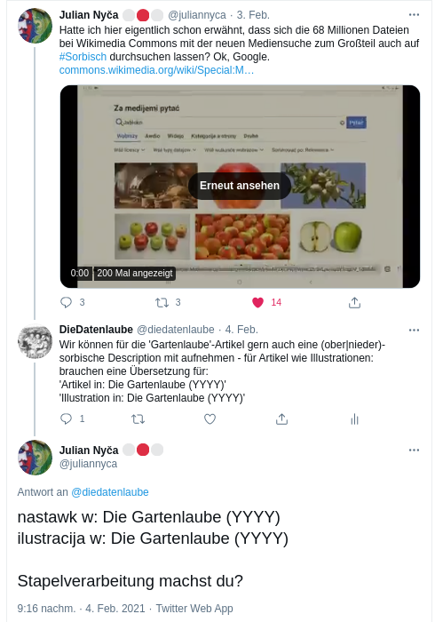Abbildung 2: Tweet als Anstoß Gartenlaube-Items in sorbischer Sprache zu beschreiben https://twitter.com/juliannyca/status/1357422861695213569