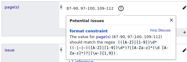  Abb. 2: Format Constraint bei Seitenzahlen mit Komma oder Semikolon (vgl. https://www.wikidata.org/wiki/Q19165369#P304)