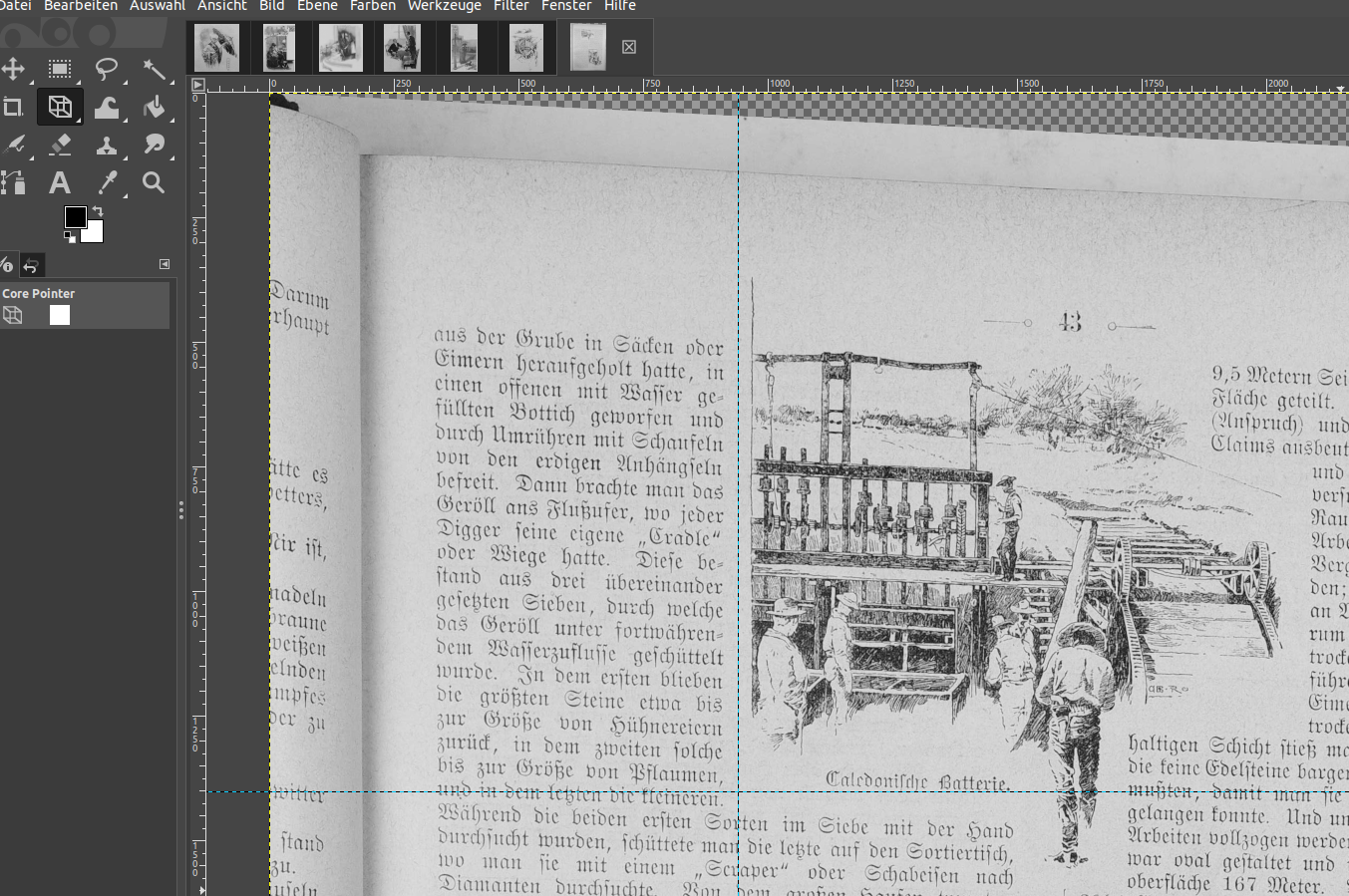 Abbildung 2: Scan einer Seite in GIMP zur Bearbeitung mit Hilfslinien